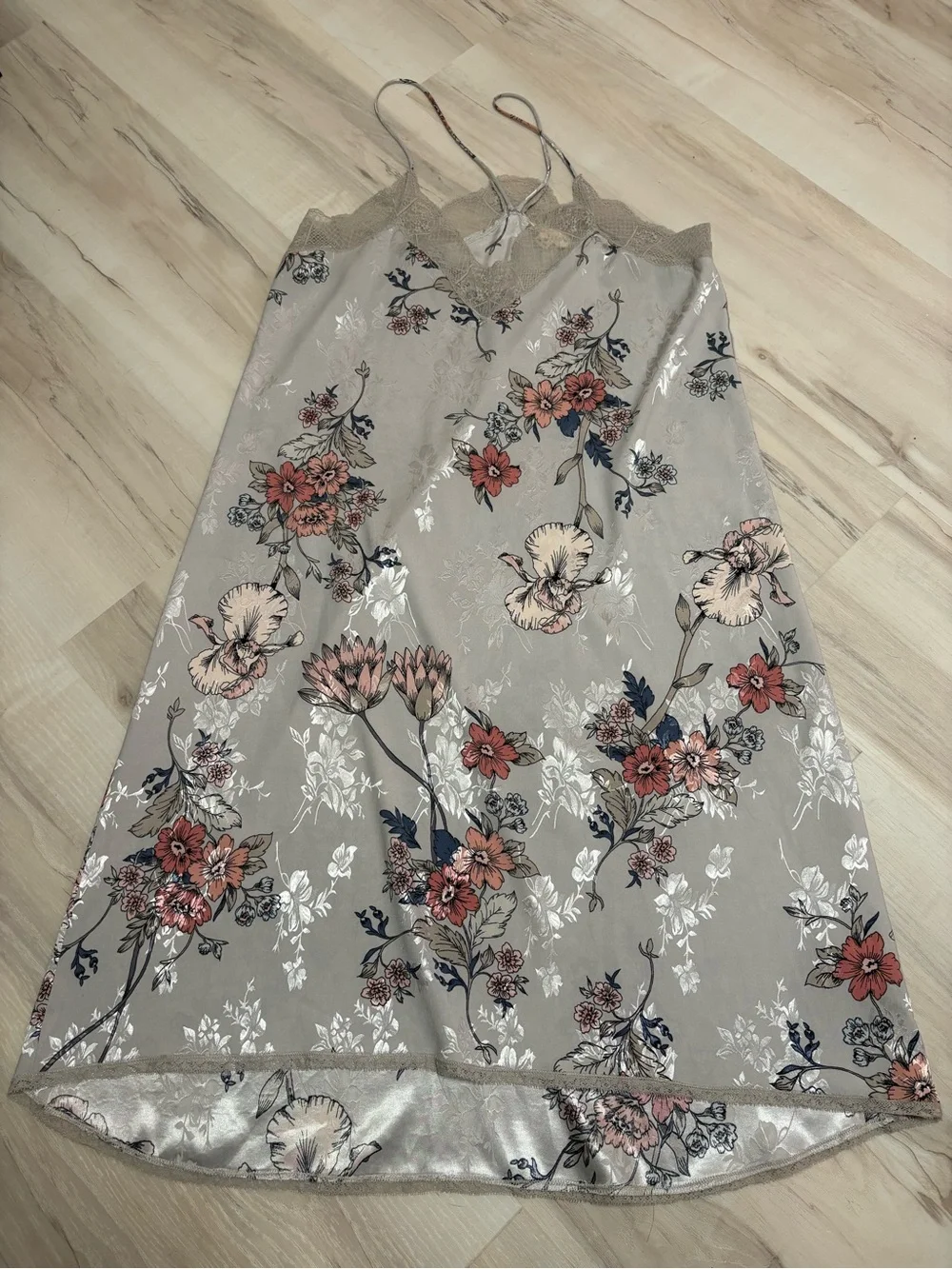 LoveStitch Floral Satin Lace Trim Nightgown Slip Dress | Size Medium